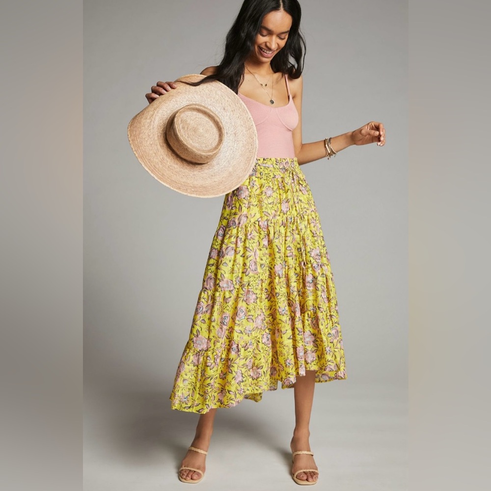 Anthropologie Yellow and Pink Floral Midi Skirt